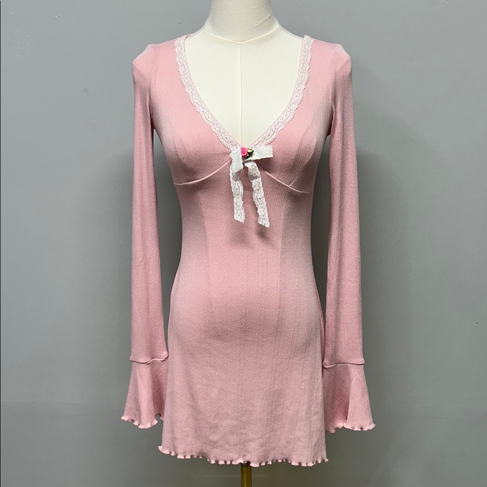 Delias Y2K Pink Lace Trim Mini Dress Babydoll XXS Flare Sleeve Coquette Festival